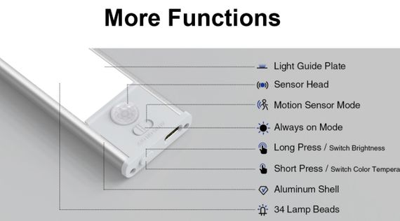 LED світильник L1007-30S з акумулятором 1500mAh, датчиком руху та освітленості, 3 режими світла, магнітний, 300×40×10 мм | Зображення 8
