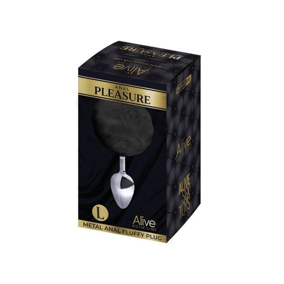 Металева анальна пробка Кролячий хвостик Alive Fluffy Plug L Black, діаметр 3,9 см | Зображення 1