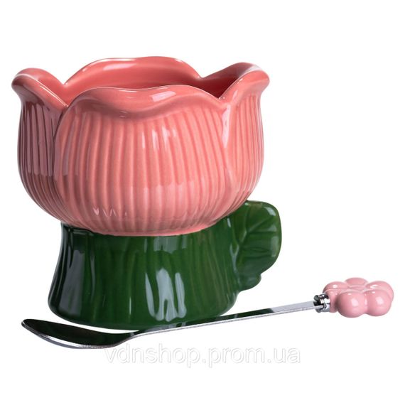 Креманка порцелянова з ложкою у формі квітки 300 (мл) креманка для десертів, морозива та желе Зелений з рожевим FM-42GR | Зображення 3