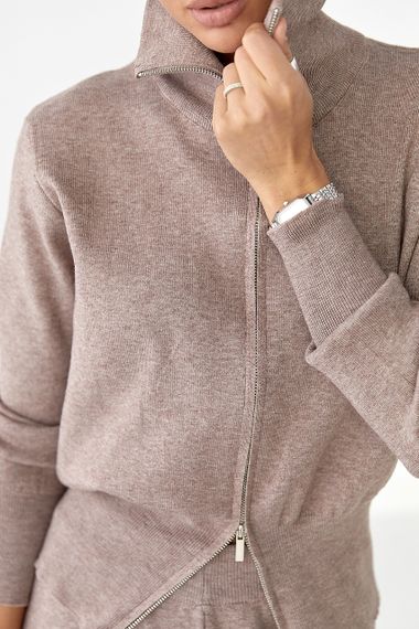 Трикотажний костюм із коротким кардиганом на блискавці та широкими штанами - кавовий цвет, ONE SIZE (є розміри) | Зображення 3