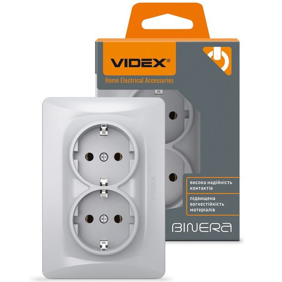 Двойная розетка с заземлением и повышенной огнеупорностью VIDEX BINERA VF-BNSK2G-SS серебристая | Зображення 1