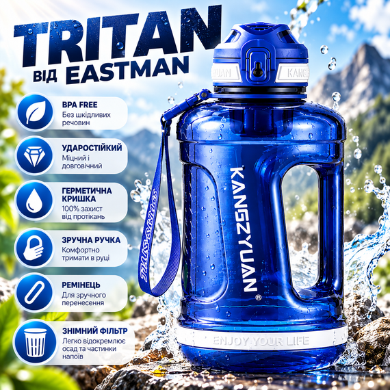 Бутылка для воды KANGZYUAN 1500 мл спортивная с Tritan BPA Free ударопрочная синяя с ручкой и ремешком | Зображення 8