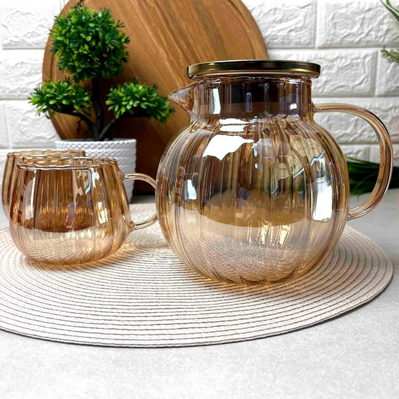 Стильный стеклянный чайник Amber Fresh Wave GK-5530 1,25 л из термостойкого боросиликатного стекла Золотистый | Зображення 2