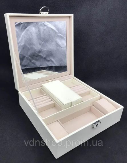 Шкатулка для украшений стеганая с большим откидывающимся зеркалом маленькая шкатулка внутри цвет слоновая кост | Зображення 3