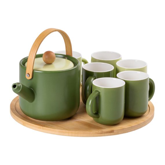 Чайный сервиз на 6 персон с бамбуковой вращающейся подставкой, зеленый HP-15-23