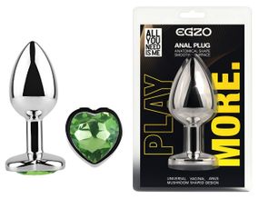 Анальна пробка з кристалом EGZO - Silver Heart Plug Green size M Sex Aura