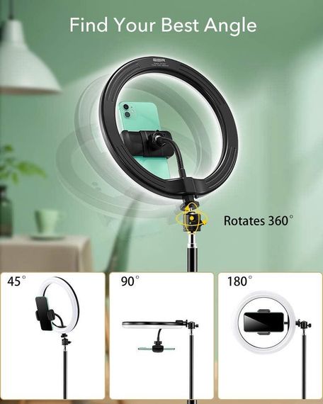Кільцева LED лампа ESR 10", 25см з триногою та тримачем для телефону, світло для відео стрімінгу, фото макіяжу | Зображення 5