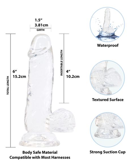 Прозорий фалоімітатор на присосці ADDICTION — Clear Dildo with Balls 6″, віброкуля в подарунок | Зображення 1