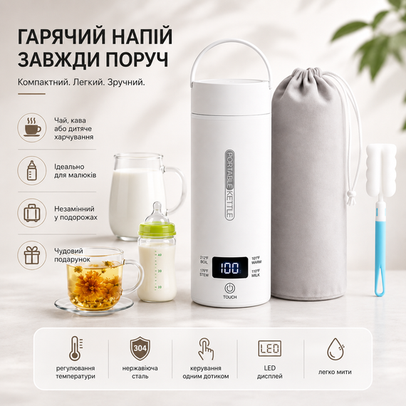 Портативный дорожный электрочайник SENBOWE 450 мл (300 Вт, белый) с регулировкой температуры и LED-дисплеем | Зображення 3