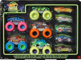 Hot Wheels Monster Trucks Glow in the Dark. Набір з 10 машинок і монстр-траків, що світяться в темряві, Хот Вілс