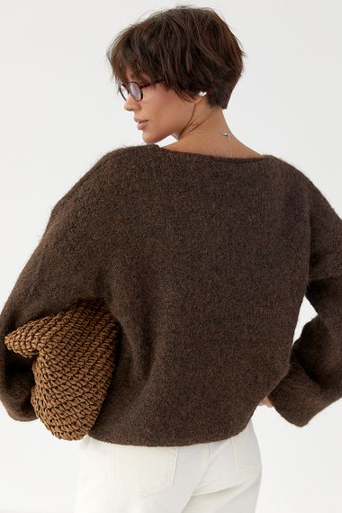 В’язаний жіночий джемпер з рукавами-ліхтариками - темно-коричневий цвет, ONE SIZE (є розміри) | Зображення 1