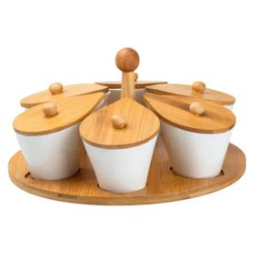 Набор фарфоровых баночек для сыпучих продуктов 6 штук по 100 мл на бамбуковой подставке HP258