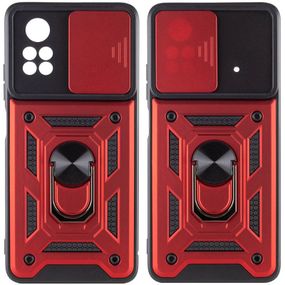 Ударостійкий чохол Camshield Serge Ring для Xiaomi Poco X4 Pro 5G TPU+PC, Шторка на камеру, Червоний