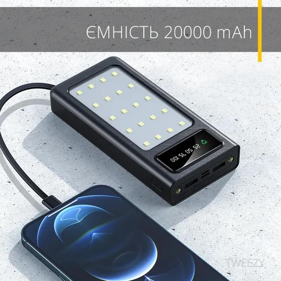 Power Bank 20000 mAh со встроенными кабелями и фонариком | Зображення 1