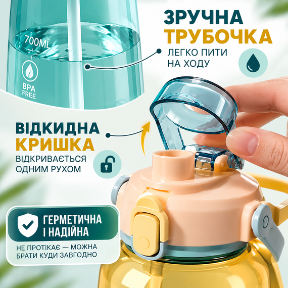 Спортивна пляшка для води START TRAINING 1500 мл з трубочкою, ручкою та ремінцем, матовий градієнт жовто-блакитний | Зображення 1