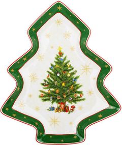 Тарілка сервірувальна порцелянова Christmas Story 25х22см, у формі ялинки, зелений з білим