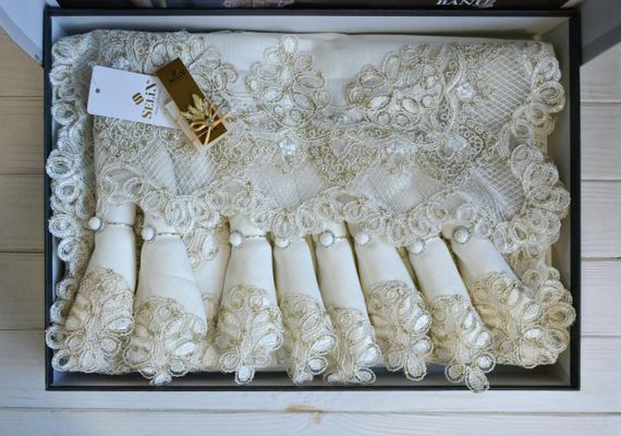 Льняная скатерть с ранером Selin Banu Set 160×350+12 салфеток кремовая | Зображення 2