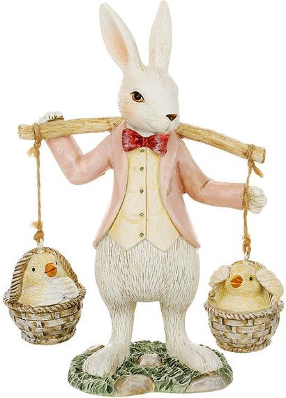 Статуетка декоративна "Кролик з Курчатами в кошику" 17см, рожевий жакет