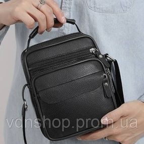 Мужская кожаная сумка планшет 17х21х9, барсетка через плечо с ручкой черная 86802