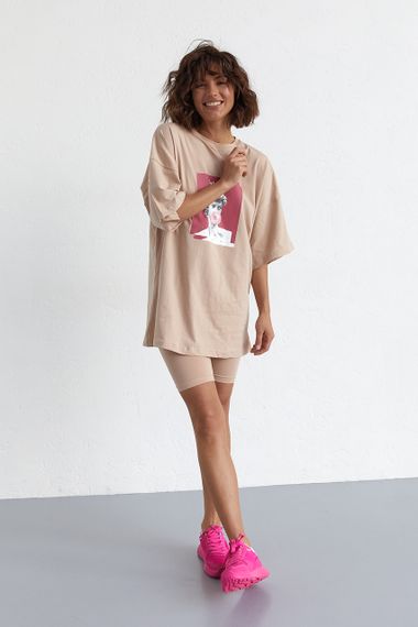 Женский костюм с футболкой oversize и велосипедками - кофейный цвет, L (есть размеры) | Зображення 4