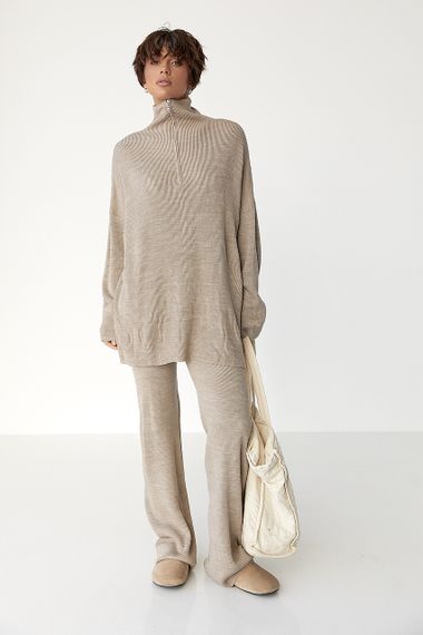 Вільний костюм в рубчик зі светром і прямими штанами - кавовий цвет, ONE SIZE (є розміри)