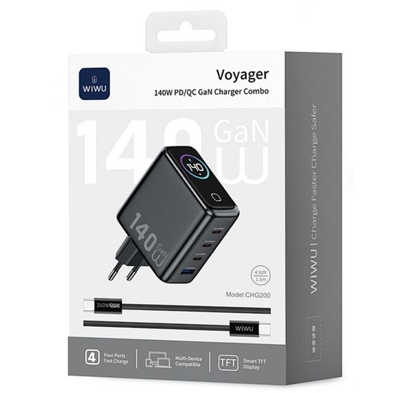 СЗУ WIWU CHG200 Voyager PD140W+QC3.0 (1USB-A/3C) + кабель Type-C to Type-C Grey | Зображення 2