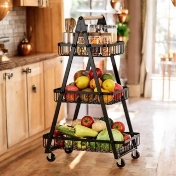 Полка стеллаж на колесиках 3-х ярусная Черная