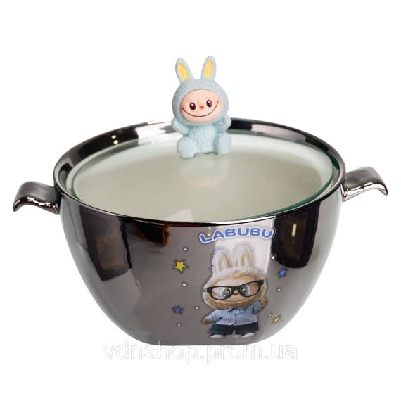 Бульонница фарфоровая Labubu с крышкой и ручками 800 (мл) Ø15 (см) Серебристый с голубым FM-34D | Зображення 1