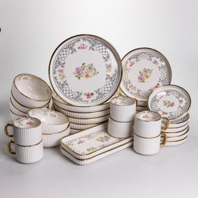 Столовый набор посуды тарелок и чашек 32 предмета на 6 персон "Золотой Кант" фарфоровый TH-32