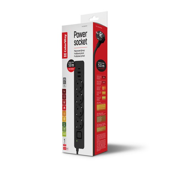 Мережевий фільтр живлення ColorWay CW-CHE435PDB, 4 розетки/3USB 5M (CW-CHE435PDB) | Зображення 4