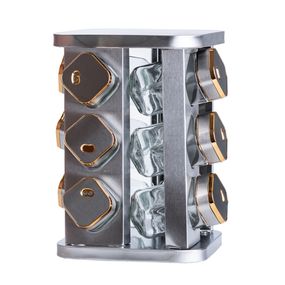 Набір ємностей для спецій 12 баночок по 100 мл на металевій підставці, хром із золотом