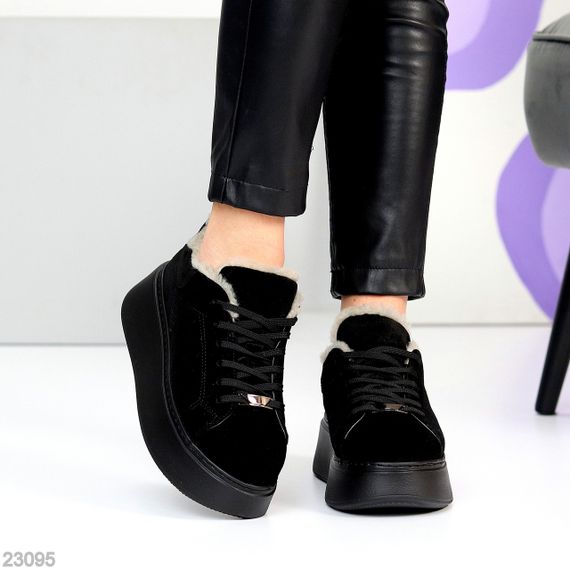 Чорні зимові прошиті кросівки натуральна замша на платформі спорт-шик | Зображення 3