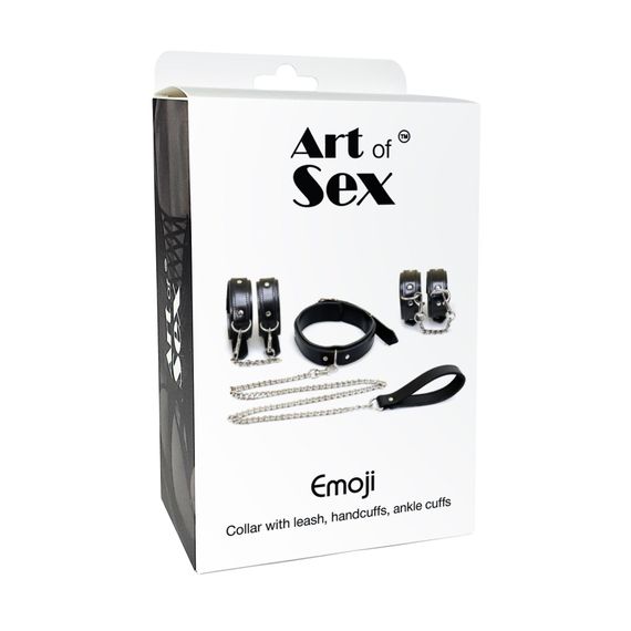 Набір BDSM Art of Sex - Emoji, наручники, поножі, нашийник з повідцем, екошкіра, чорний | Зображення 4