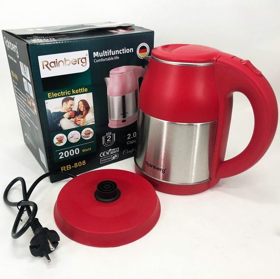 Электрочайник Rainberg RB-808 2 л нержавеющая сталь, стильный электрический чайник. CL-394 Цвет: красный | Зображення 1