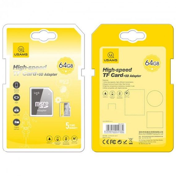 Карта памяти Usams US-ZB119 (TF High Speed Card) microSDHC Class 10 - 64GB (с адаптером) Yellow | Зображення 1