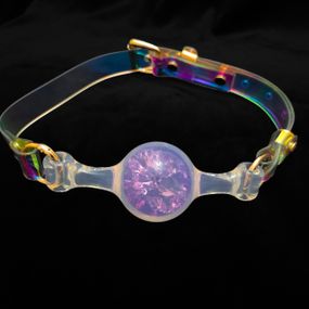 Кляп-шарик прозрачный UNIVIBE с фиолетовым камнем, силиконовый Sex Aura