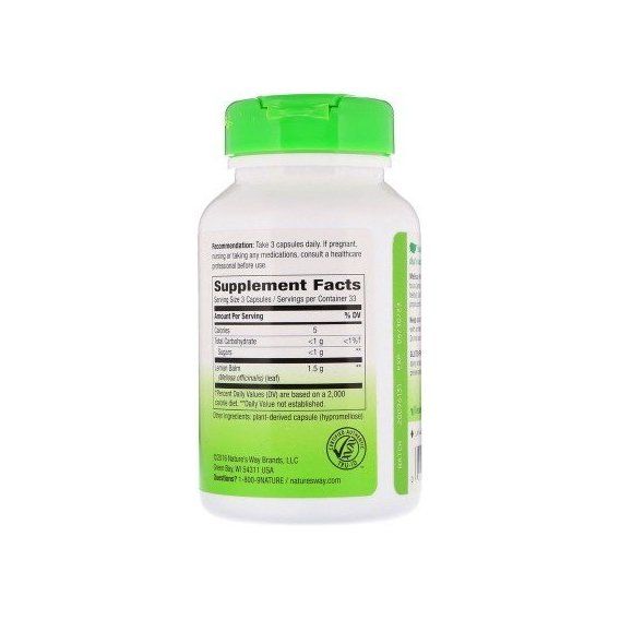 Комплекс для профілактики нервової системи Nature's Way Melissa Lemon Balm Leaf 500 mg 100 Veg Caps | Зображення 1
