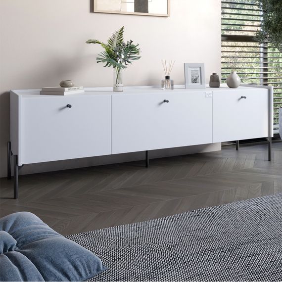 Тумба під телевізор на 3 шухляди LION Wood з чорними ніжками 160х65х40 см Німфея Альба (білий) (LION-043102)