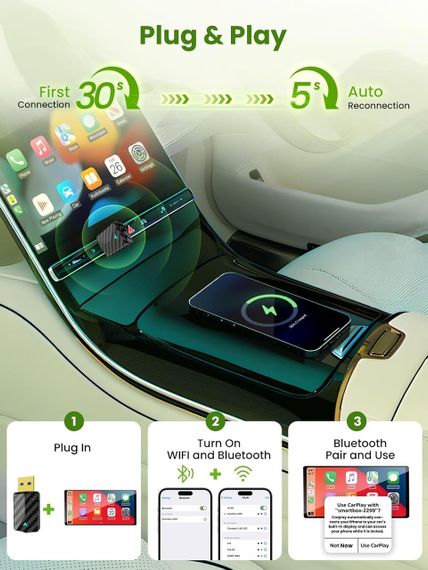 Бездротовий адаптер для CarPlay Android Auto, для авто з дротовим Карплей, WiFi Bluetooth підтримка iOS 10+/Android 11+ | Зображення 3