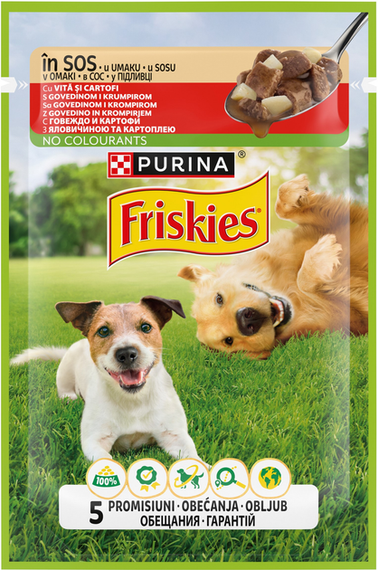 Вологий корм пауч Purina Friskies pouch для дорослих собак, шматочки в підливі з яловичиною і картоплею, 85г | Зображення 1