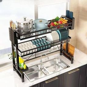 Стеллаж кухонный сушилка для посуды с боковыми отсеками металл +пластик kitchenware RM-23-1 Черный