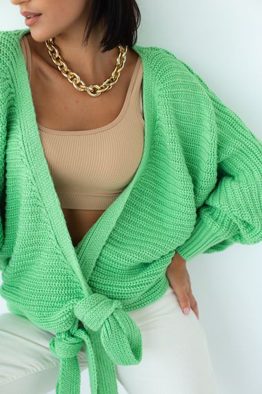Короткая вязаная кофта с запахом и поясом QU STYLE салатовый цвет L | Зображення 3