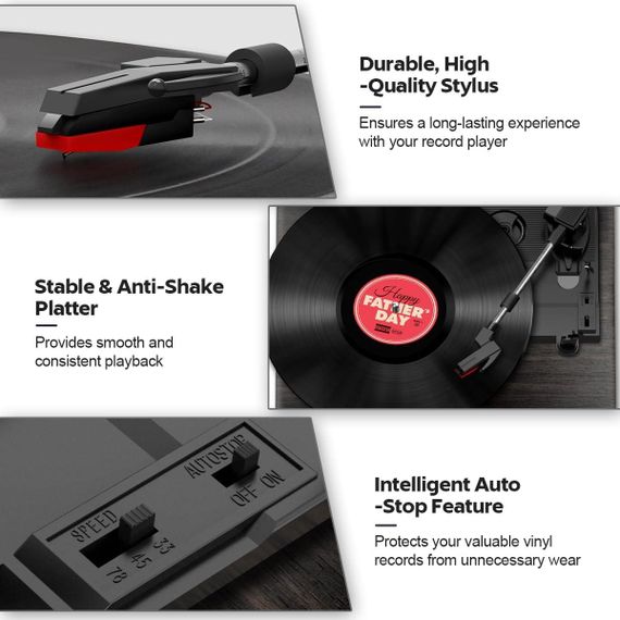 Вініловий програвач платівок FYDEE з Bluetooth, вбудовані стереодинаміки 2×3 Вт, RCA AUX, 3 швидкості, автостоп ретро | Зображення 6