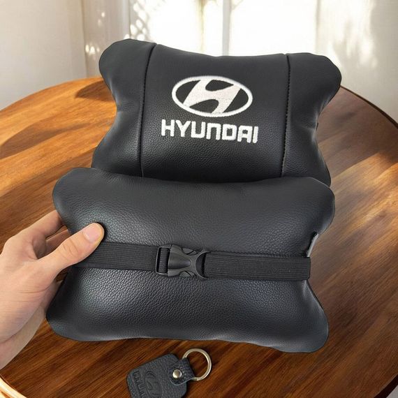 Набір подушок для авто Hyundai 2шт, натуральна шкіра, чорний колір, комфортні підголовники в автомобіль | Зображення 4