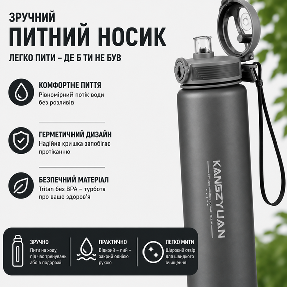 Бутылка для воды KANGZYUAN 500 мл Tritan спортивная, BPA Free, с герметичной крышкой, Черный матовый | Зображення 4
