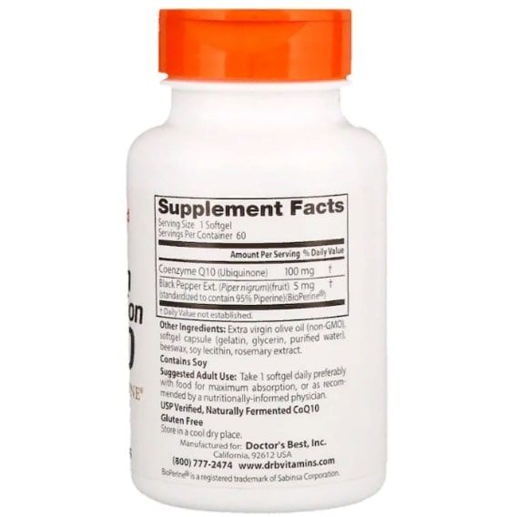 Коензим Doctor's Best High Absorption CoQ10 with BioPerine 100 mg 60 Softgels DRB-00088 | Зображення 1