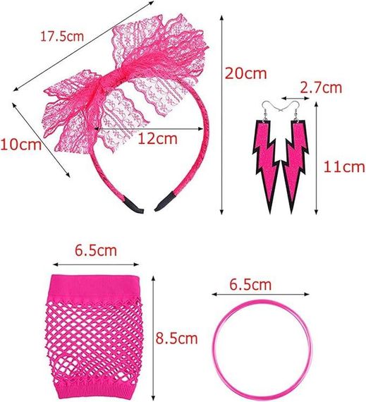 Набір рожевих аксесуарів у стилі 80-х обруч рукавички сережки намисто браслети, комплект для ретро образу на Хелловін, корпоратив | Зображення 1