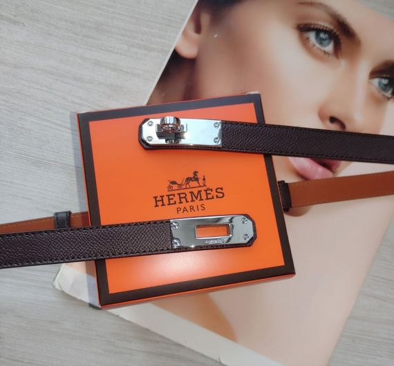 Трендовий шкіряний вузький ремінь Hermes Kelly brown/silver | Зображення 3