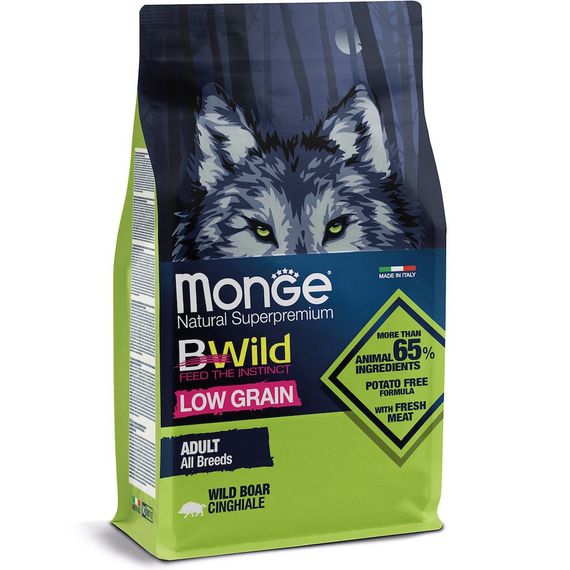 Корм Monge BWild Low Grain All Breeds Cinghiale сухой с мясом дикого кабана для взрослых собак всех пород 15 кг