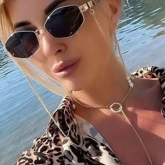 Жіночі багатокутні окуляри Сірий у золоті з ланцюжком (830) | Зображення 5